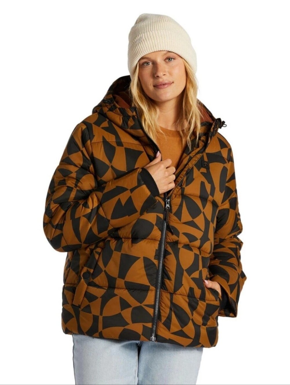 Billabong Transport Puffer Jacket Size M Brown Black Geometric Waterproof NWT